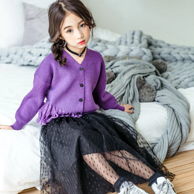 WOTTAGGA 2019 Spring Girls Fashion Knitted Cardigan Tassel Solid Toddler Sweater Girls V-neck New Arrivals