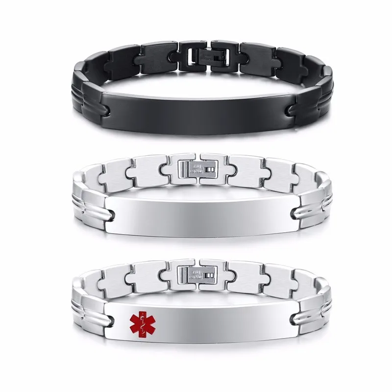 

3PCS Men Stainless Steel Links Mens ID Tag Bracelet with Medical Symbols in Black Silver Tone Male Jewelry 8.46 Inches