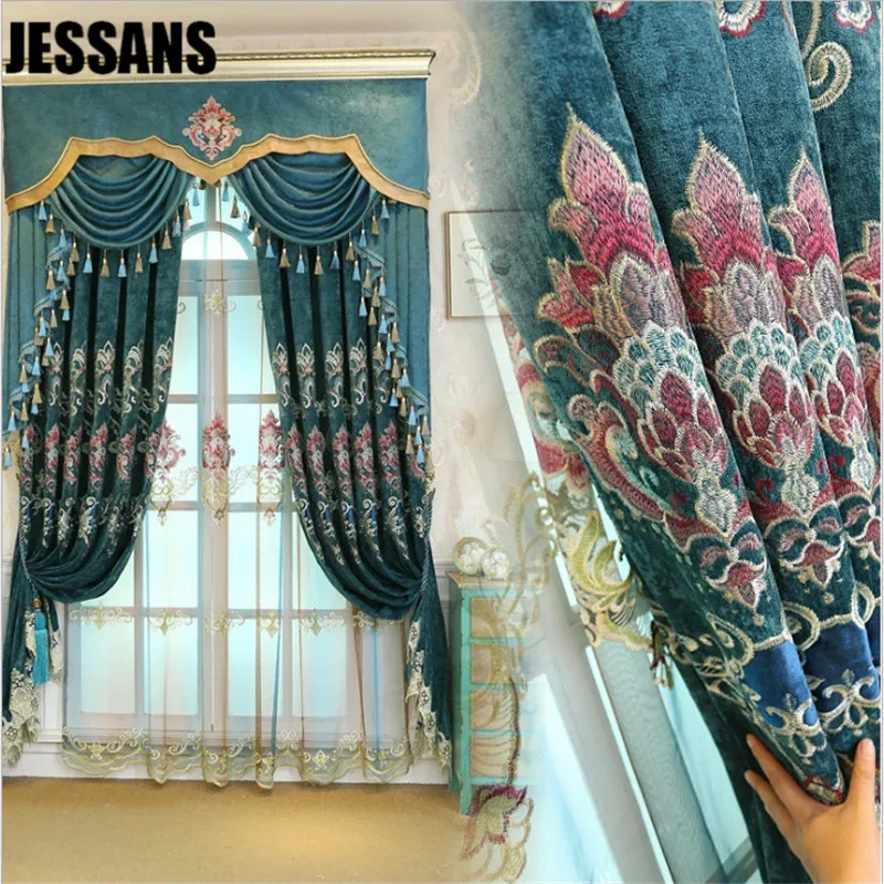 

New European Chenille Curtains for Bedroom High-grade Embroidery Fabric Valance Curtains for Living Dining Room Tulle