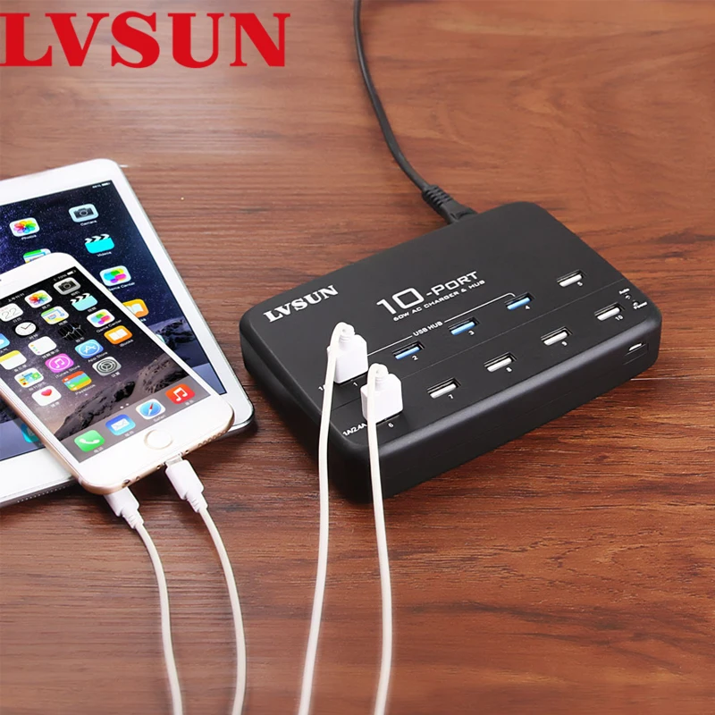 Универсальное сетевое зарядное устройство LVSUN с 10 USB портами многопортовый