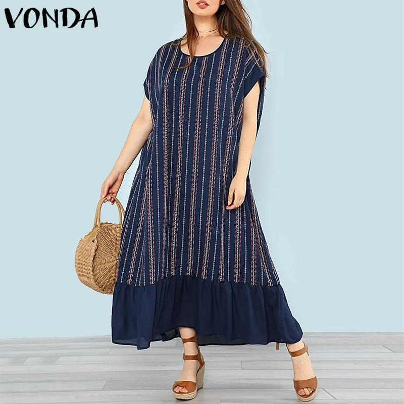 VONDA Women Striped Dress 2020 Summer Vintage Loose Maxi Long Dresses Female O Neck Sleeve