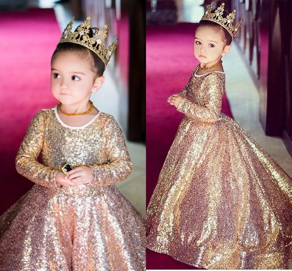 

Lakeydra Sequined Flower Girl Dresses for Weddings Gold O Neck with Long Sleeve Ball Gown First Communion Dresses for Girls