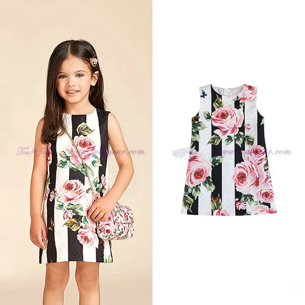

Girls Romantic Rose Fashion Stripes Printing Jacquard Fashion Cloth Formal Dress