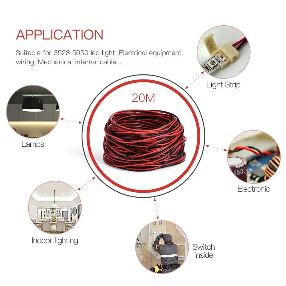 22 Awg изолированный медный провод электрические кабели 2pin красный черный медный Электрический провод удлинитель светодиодной ленты с разъемом постоянного тока