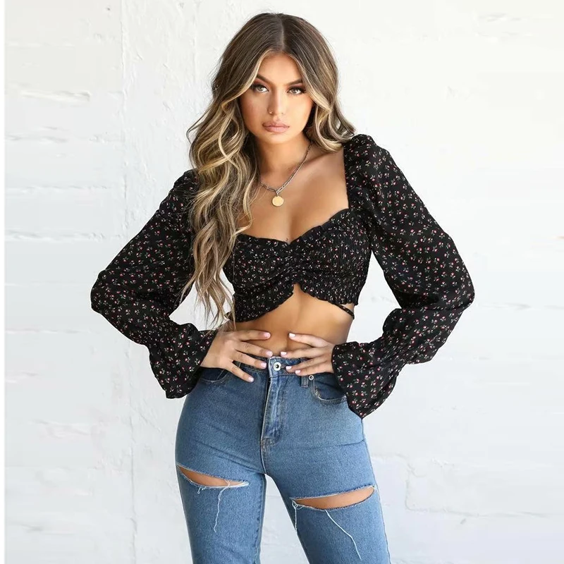 

Black flower sexy Women Square Neck Crop Top Long Sleeve Square Neck Crop Top