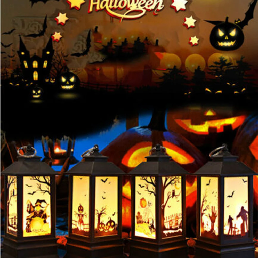 

Halloween Night Light Led Lanterns Large Spooky Pumpkin Castle Flame Lights up Hanging Lantern for Home Party Porch House Bar