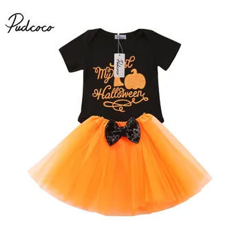 

2018 Brand New Halloween Newborn Infant Baby Girl Festival Clothes Set Pumpkin Black Romper Tops Bow Lace Tutu Gauze Skirt 0-24M