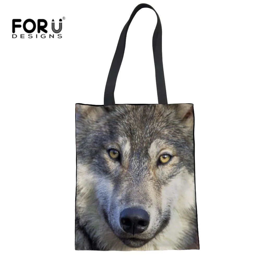 FORUDESIGNS Cool Wolf Print Women Cotton Handbags Luxury Tote Bags Cute