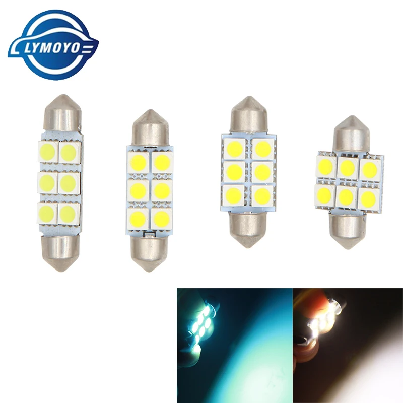 

LYMOYO 10PCS Car c5w 5050 31 36 39 41mm 5050 6smd Festoon LED Dome 6 led License Reading Interior Light Bulb White ice blue 12V