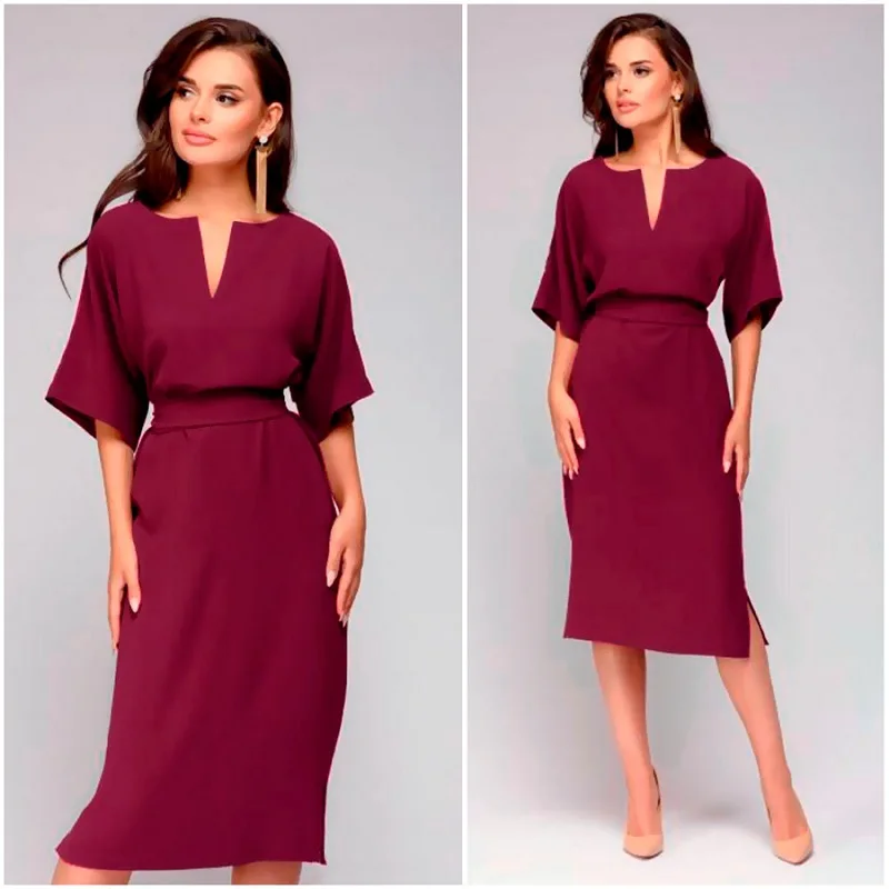 Autumn Elegant Dress 2018 Women Office Dresses Female Sexy V-Neck Knee-Length Burgundy Green Casual Dress Autumn Elegant Dress 2018 Women Office Dresses Female Sexy V-Neck Knee-Length Burgundy Green Casual Dress