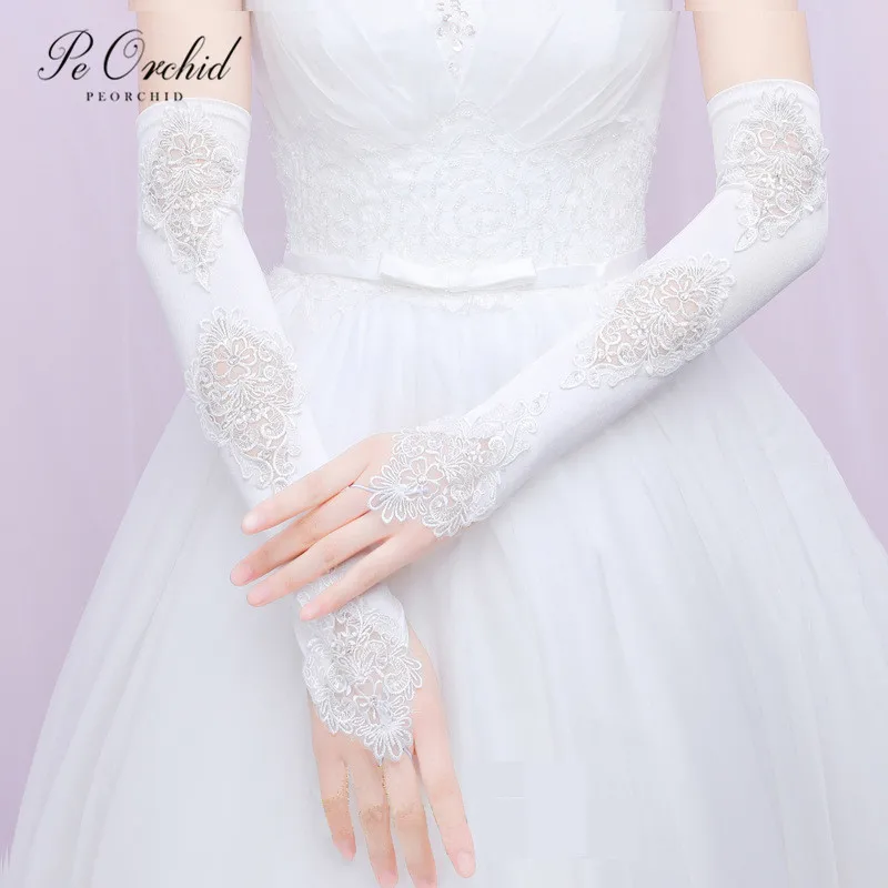 

PEORCHID Long Lace Bridal Gloves In Ivory Elegant Wedding evening Satin Fingerless Gloves Formal Party Gloves Dance Costume 2019