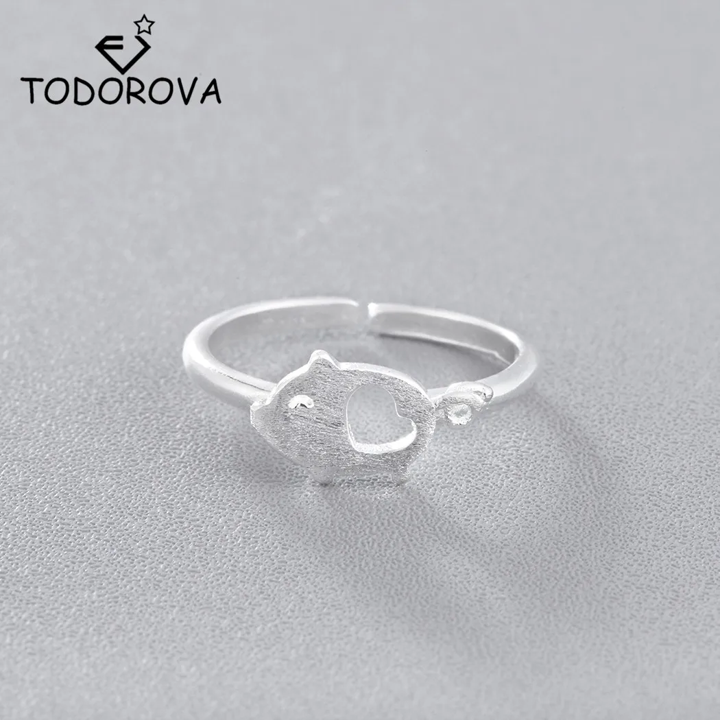 

Todorova Personality Popular Silver Jewelry Cute Pig Finger Rings for Women with Hollow Heart Animal Female Ring Adjustable