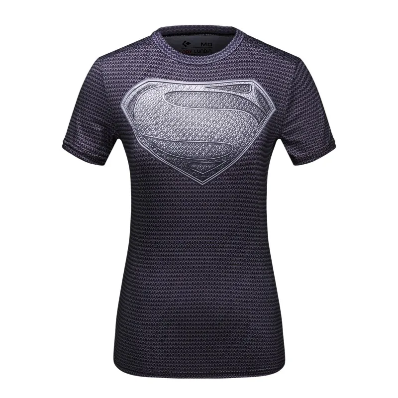 Красная Женская компрессионная футболка с коротким рукавом, Спортивная для йоги и бега, футболка с рисунком Супермена - Цвет: BLACK SUPERMAN