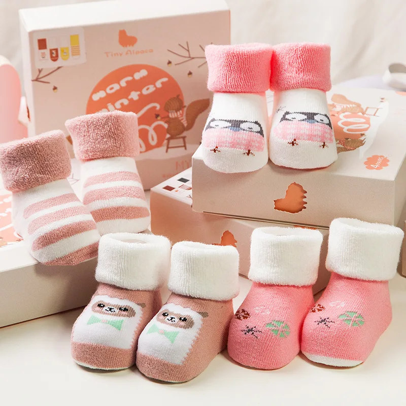 

0-2years Winter new thick terry baby socks, warm cotton children socks, cartoon children socks,Newborn socks 4 pairs of a box