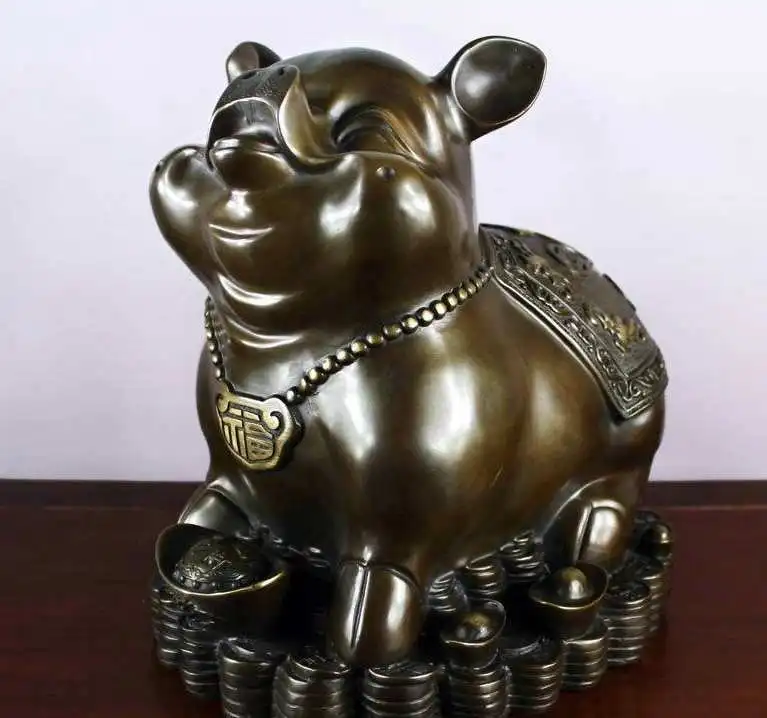 

Chinese Fengshui bronze Copper Zodiac Year Pig Yuanbao Coin Money Wealth Statue