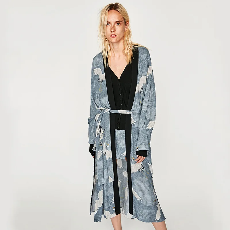 Kimono Cardigan Casual Womens Tops And Blouses Kimono Cardigan Plus Size Crane Print Kimono Long Sleeve Tie Jacket