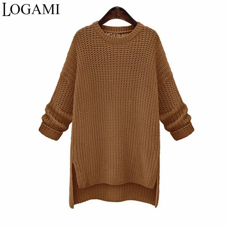 LOGAMI длинный женский свитер с круглым вырезом и длинным рукавом, свитера и пуловеры, вязаный джемпер, новая мода, осеннее платье