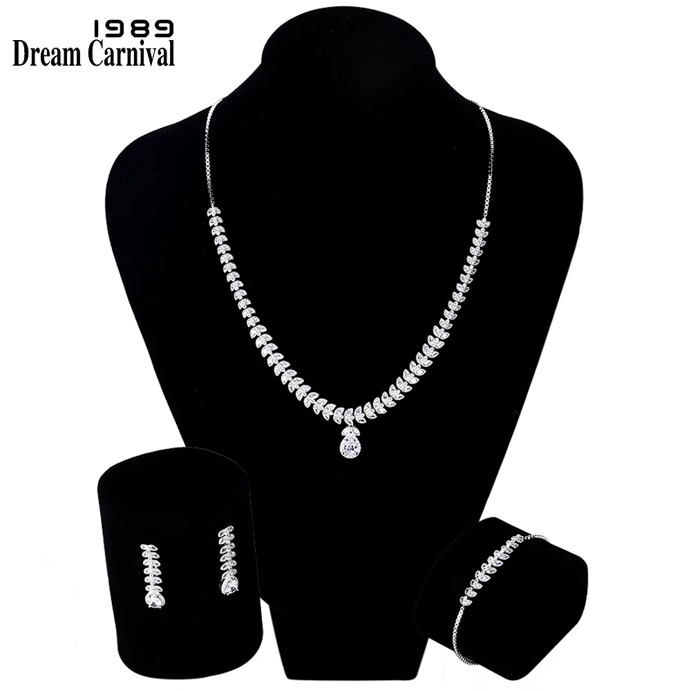 

DreamCarnival 1989 Leaves Drop Shape Pendant Necklace Earrings 925 Sterling Silver White CZ Women Wedding Gift Set SN06121R