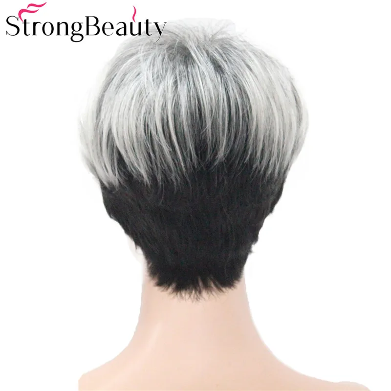 Сильный красота короткий серый с черным парик два тона женские парики сторона сматывается челка синтетические волосы