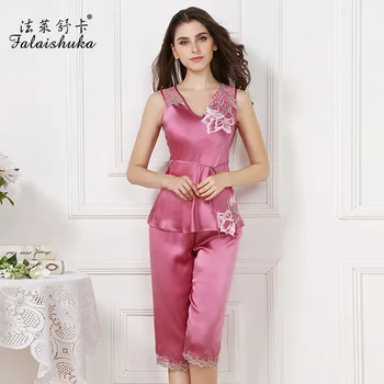

women new brand 100% silk sleeveless knee length pajama sets rose red fashion casual flower solid women's sleep&lounge sleepwear