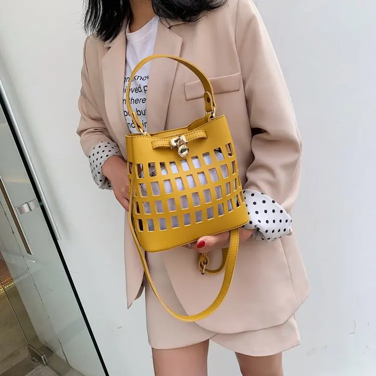 

JI HAO Brand Design New Female Shoulder Bags PU Leather Crossbody Bag Women Fashion Ladies Hollow Out Handbag Solid Bucket Bag
