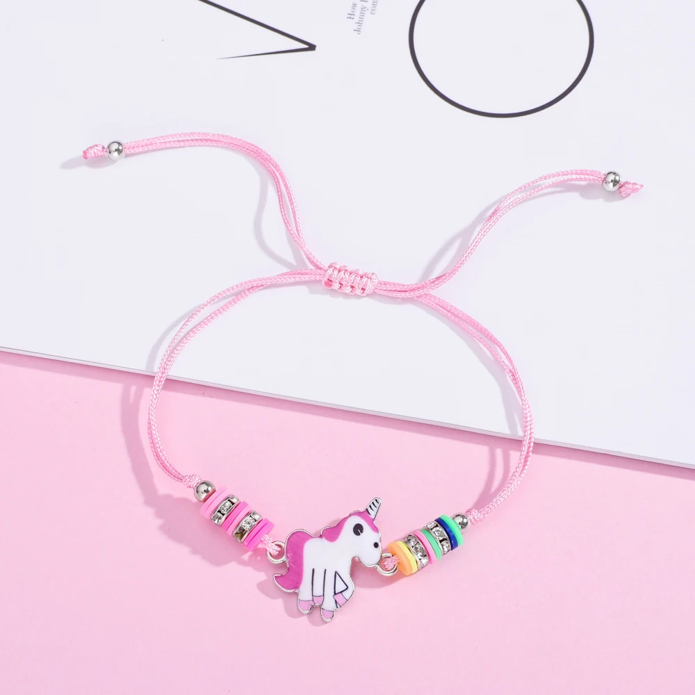 Розовый Единорог животных Шарм браслеты и браслет для женщин детей ручной работы регулируемый плетеный веревочный браслет ювелирные изделия подарок