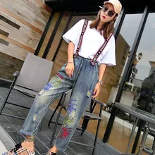 Летние новые большие размеры тонкие ремни женские джинсы Женская Вышивка ретро буквы мультфильм шаблон жир мм свободные