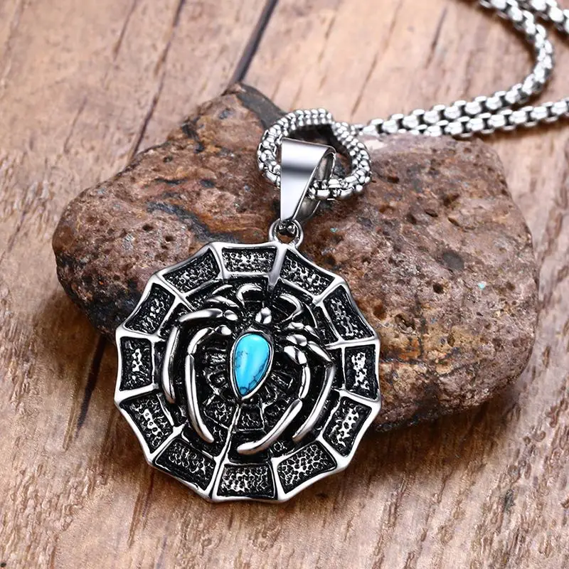 

Mens Necklaces Pendants Stainless Steel Blue Natural Stone Araneid Spider in Web Pendant Necklace Men Vintage Bike Punk Jewelry