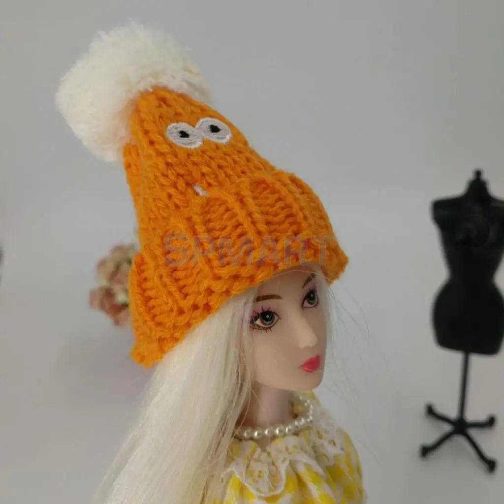 Handmade Knitted Orange Beanie Hat Ski Cap With Plush Woolen Ball Winter Garment For   Doll Christmas Accessory