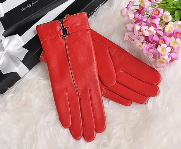 Модные женские перчатки из натуральной кожи, короткие теплые зимние перчатки, высокое качество, черные, красные, коричневые, 1 пара/лот - Цвет: red