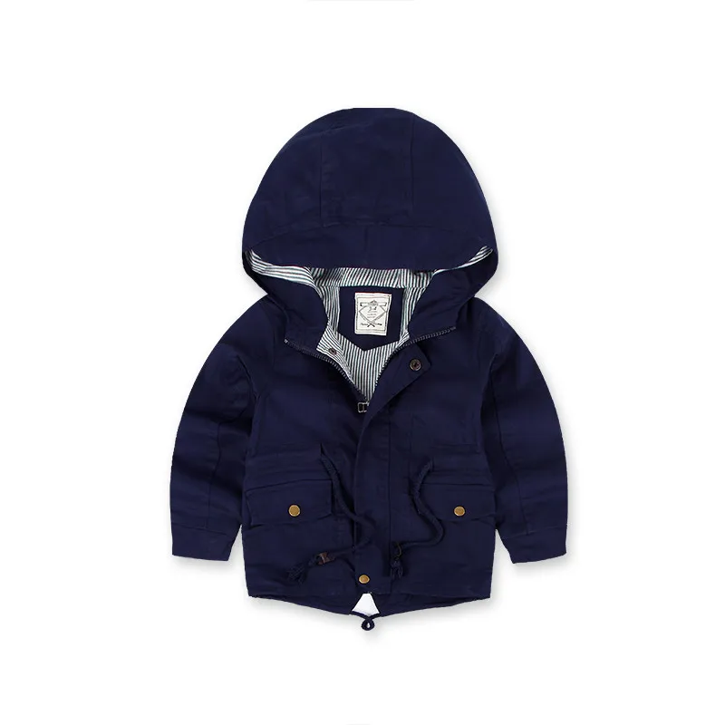 Весенне-Осенняя детская верхняя одежда в английском стиле однотонный синий и хаки детский Тренч для мальчиков, хлопковая Верхняя одежда и пальто с капюшоном для маленьких мальчиков