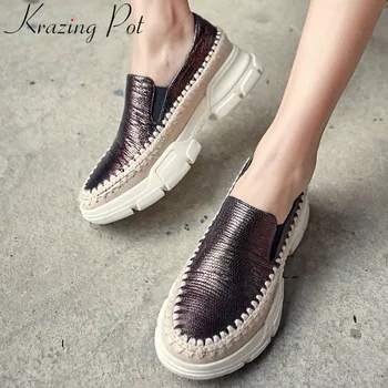 

Krazing Pot luxury sheep leather med bottom round toe slip on loafers platform round toe straw decoration vulcanized shoes L27