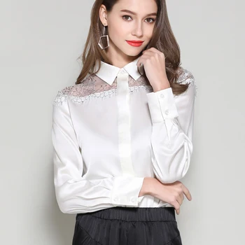 

Bogeda women silk blouse casual 2019 high quality 100 silk blouse for women elegant lace sexy office lady shirt black white gray