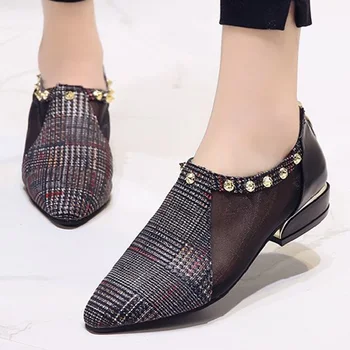 

Rivet Mesh Women Pointed Toe Zipper Pumps Suede Mixed Color Ladies Chunky Heels 2019 Women Fashion Breathable Female Shoes New