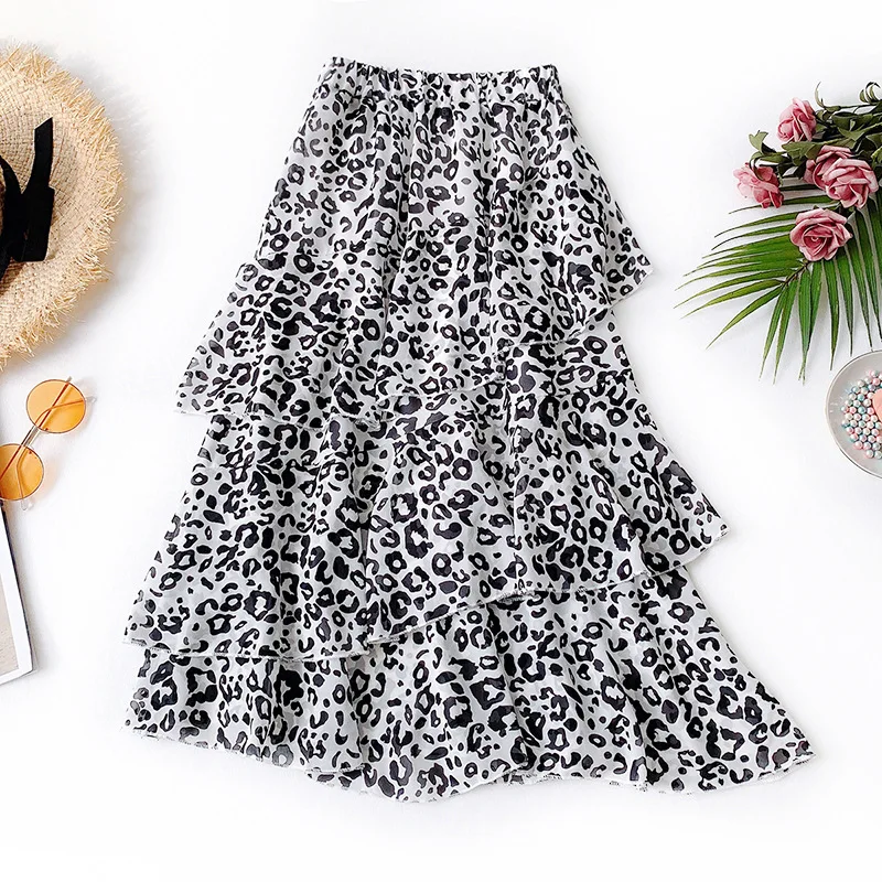 Summer New Arrival Women Skirt Ruffles Printing Long Chiffon Polyester Stitching Korean Style Free Shipping - Color: Gray