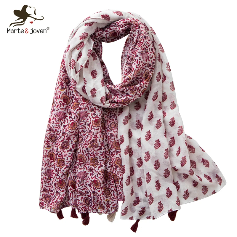

Marte&Joven Spring Autumn Flower and Leaf Contrast Color Printing Wrap Scarves for Ladies 2019 New