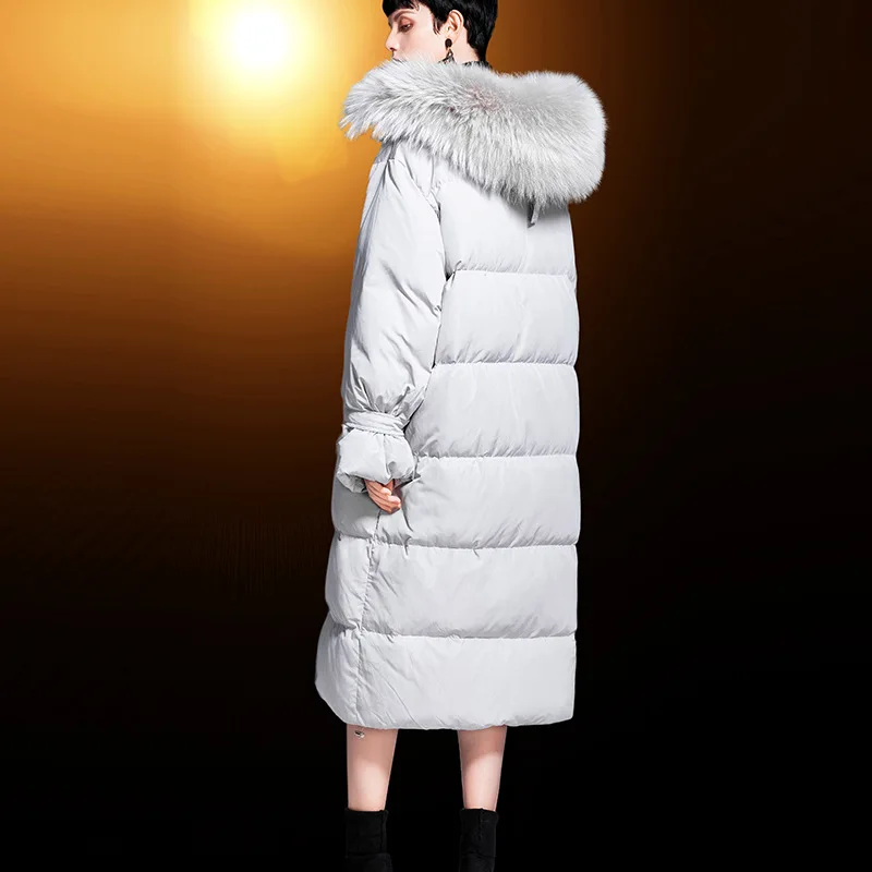 Новинка, зимняя куртка с капюшоном и натуральным мехом, женский пуховик, женская верхняя одежда на белом утином пуху, свободное плотное пальто средней длины