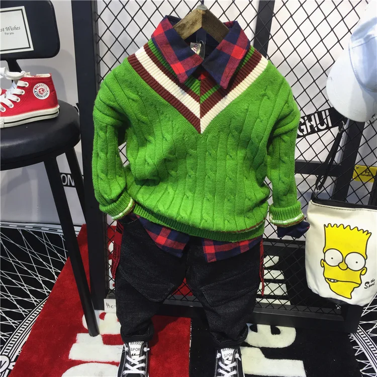 

Autumn winter Boys Clothing Sets Children Clothing Set Kids Boy Clothes set boys Knitted sweater + Plaid shirt + jeans 3PCS set