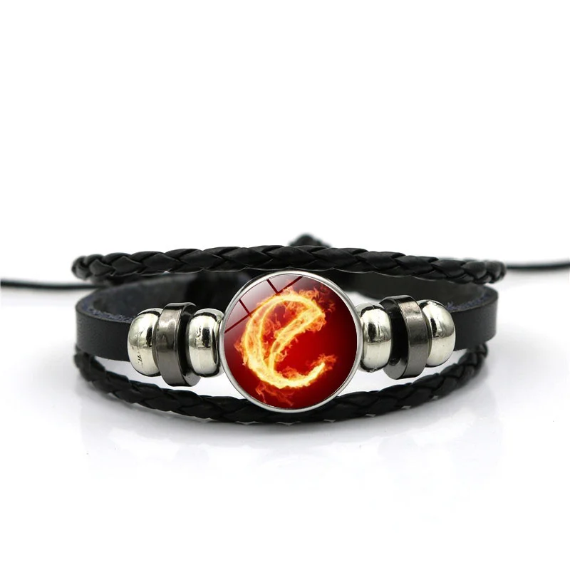 Flame A-M Letters Bracelet PersonalityTeam Name Rope Bracelet Black Leather Bracelet Men Women Fashion - Окраска металла: 5