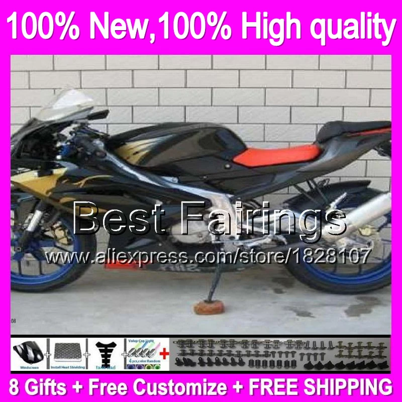 

Fairing For Aprilia RS125 1999 2001 2002 Black gold 2003 2005 7B88 RS 125 99-05 RSV125 RS4 125 99 00 01 Golden 02 03 05 +decal