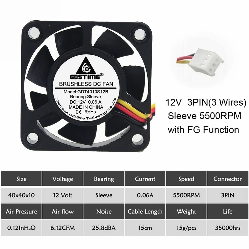 2 шт. Gdstime DC 24 в 12 В 5 в 40 мм x 40 мм x 10 мм 2-контактный шарикоподшипник для компьютера PC Корпус Вентилятор охлаждения 4010 - Цвет лезвия: 12V 3PIN 5500RPM