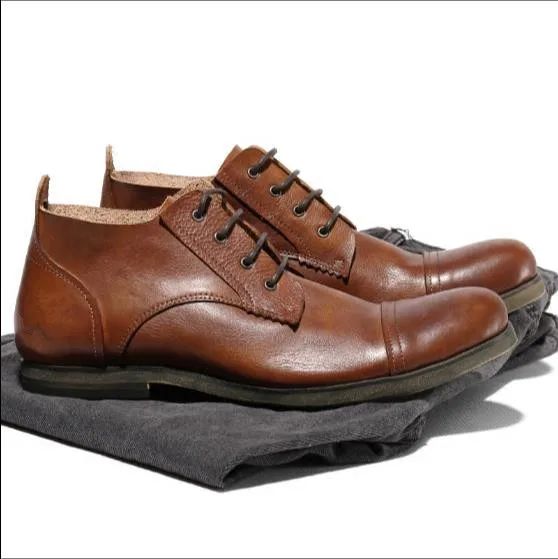 

Shoes Men 2018 Summer Autumn New Low Heels Round Toe Genuine Leather Derby Shoes British Style Lace-up Vintage Mens Dress Shoes