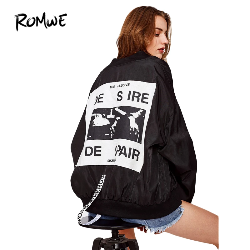 ROMWE Patch Back Ribbon Detail Oversized Bomber Jacket Women Stand Collar Zipper Letter Jackets 2018 Loose Spring Women Coat ROMWE Patch Back Ribbon Detail Oversized Bomber Jacket Women Stand Collar Zipper Letter Jackets 2018 Loose Spring Women Coat