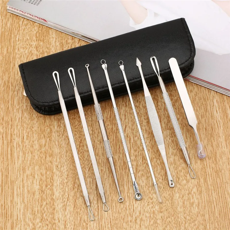 

8Pcs Pimple Remover Tool With Makeup Bag Blackhead Remover Tool Kit Face Skin Care Comedone Acne Needle Clip Pimple Tweezer