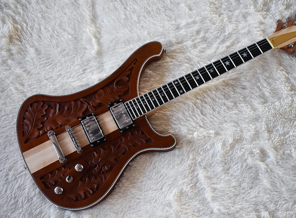 

Factory Custom Brown Electric Guitar with Carved Pattern,Stars Frets Inlay,Chrome Hardware,Neck-Thru-Body,Can be Customized