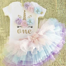 1 год; платье для маленьких девочек на день рождения; платье с единорогом; костюм принцессы с цветами для новорожденных; платье на крестины 12 месяцев; нарядная одежда