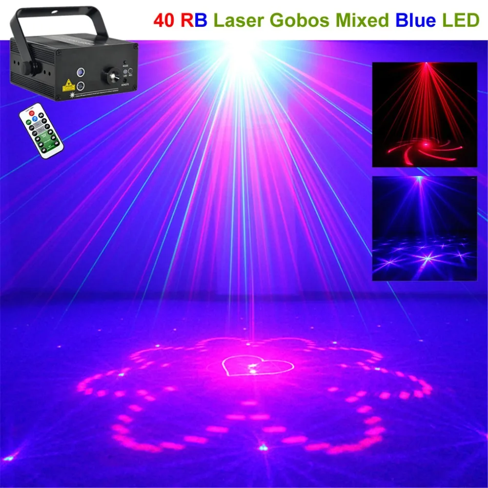 

Mini 2 Lens 40 Patterns Red Blue Laser Lights Projector 3W Blue LED Mixing Effect DJ KTV Party Show Stage Lighting Remote 40RB