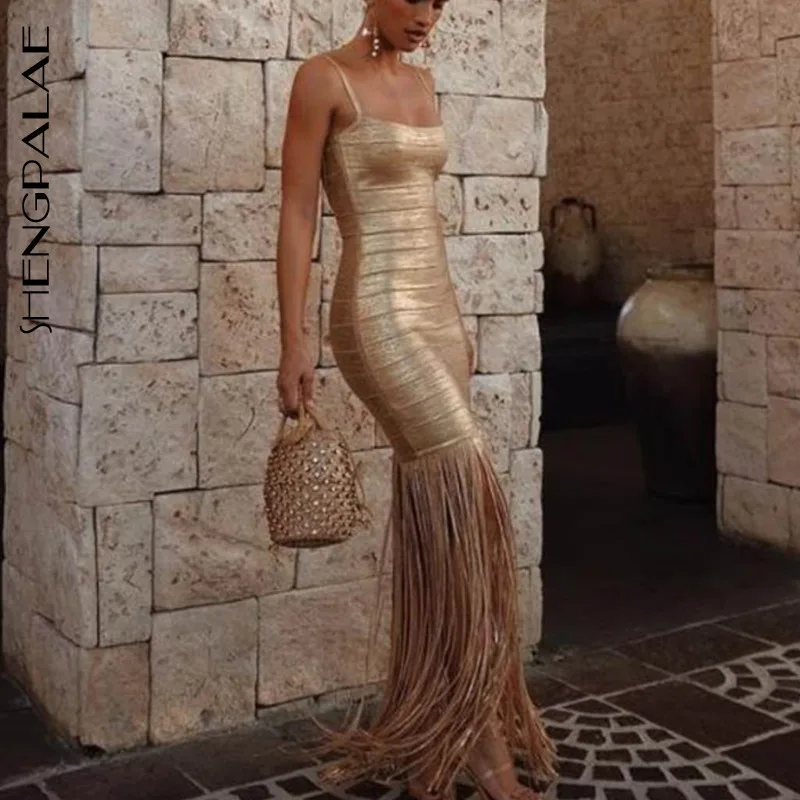 

SHENGPALAE 2019 New European Style Party Vestidos Sleeveless Gold Split Tassels High Quality Sheath Formal Dress Women FQ103