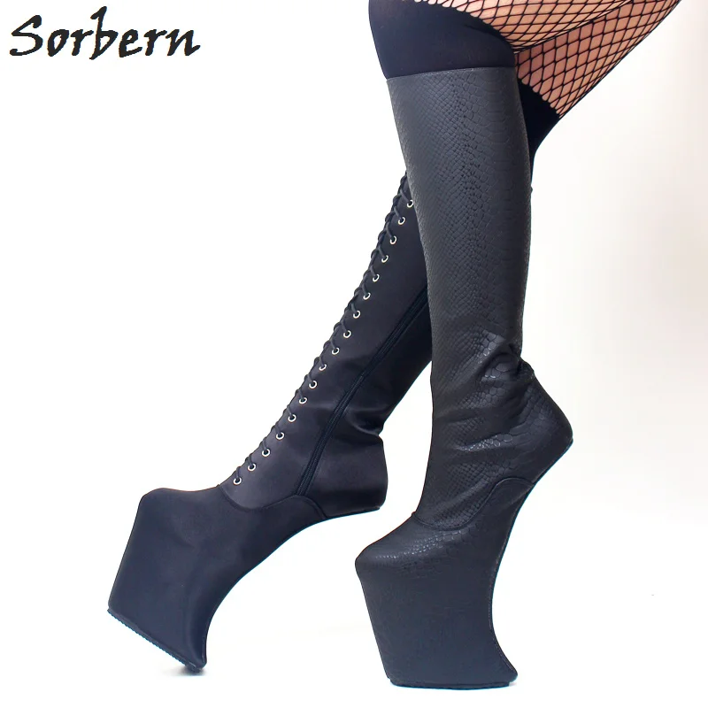 Sorbern Snakeskin Pattern Knee High Heelless Boots Platform High