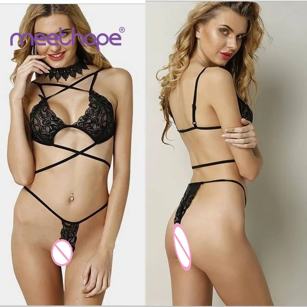 

Sexy Lingerie Europe and America Transparent Hollow Bikini Sexy Underwear Transparent Three-point Lace Tights Sexy Underwear